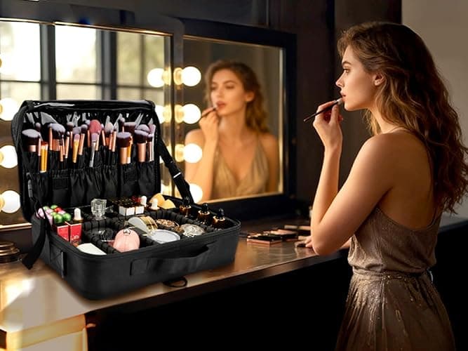 gzcz Travel Makeup Bag,Professional Cosmetic Bags for Women,Portable Makeup Brush Case Organizer Storage with Adjustable Dividers and Shoulder Strap (Medium) thumbnail 7