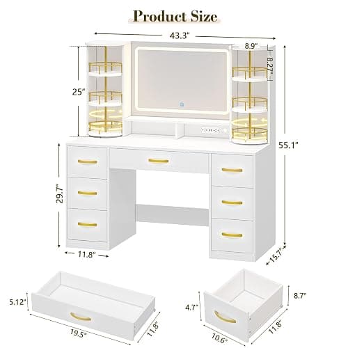 Vanity Desk with Mirror and Lights, White Makeup Vanity Table with 360° Rotating Shelves, Large Vanity Desk with 7 Drawers, Power Outlet, Dressing Table Set with Lighted Mirror Adjustable, for Bedroom thumbnail 2
