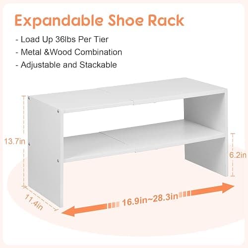 2-Tier Expandable White Shoe Rack Organizer for Closet, Stackable Shoe Rack Storage Shelf, Small Iron Wood Combination Shoe Shelves for Closets,Entryway,Front Door, Narrow Space,Hallway,6-12 Pairs thumbnail 2