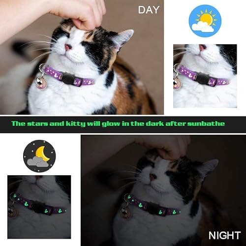 Baeuppit 2PCS Breakaway Cat Collars with Bell Cute Kitty Glow in The Dark Adjustable Kitten Collars(Grey&Black) thumbnail 5