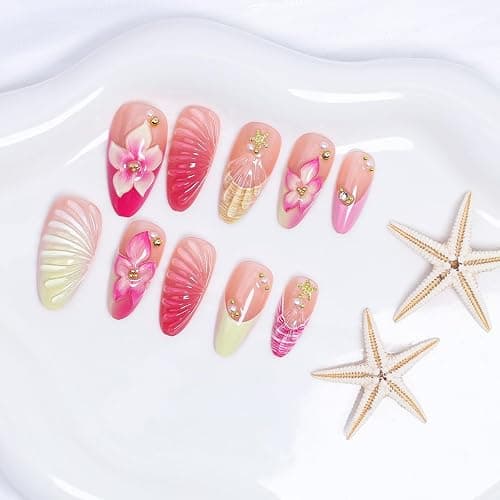 24Pcs French Tip Press on Nails Medium Almond Fake Nails with Gold Shell Starfish Rhinestones Summer False Nails Pink Hawaii Flower Acrylic Nail Cute Glue on Nails Floral Stick on Nail for Women thumbnail 3