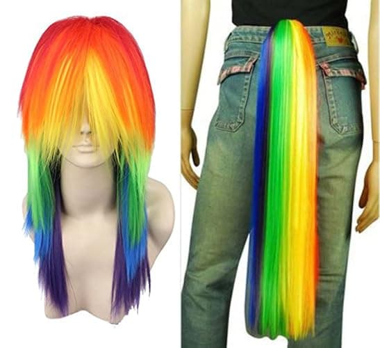 ANOGOL Hair Cap+ Rainbow Wig with Tail Long Straight Colorful Synthetic Wigs for Women Men Multi-Colored Scene Wigs Cosplay for Anime Cosplay Halloween Costume Christmas Party Outfit Mardi Gras Wig - Image 1