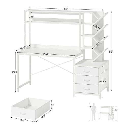 YOMILUVE Reversible Computer Desk with Hutch, Home Office Desk with Drawers and Bookshelf, 52'' Study Writing Desk with Storage Shelves for Bedroom Home Office, White thumbnail 2