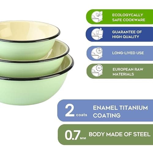 STP GOODS Enamel Bowl Set of 3 pcs Enamel Serving Bowls, Enameled Steel Mixing Bowls for Cooking Prepping, Kitchen Fruit Salad Bowl, Dishwasher Safe (Mint) thumbnail 4