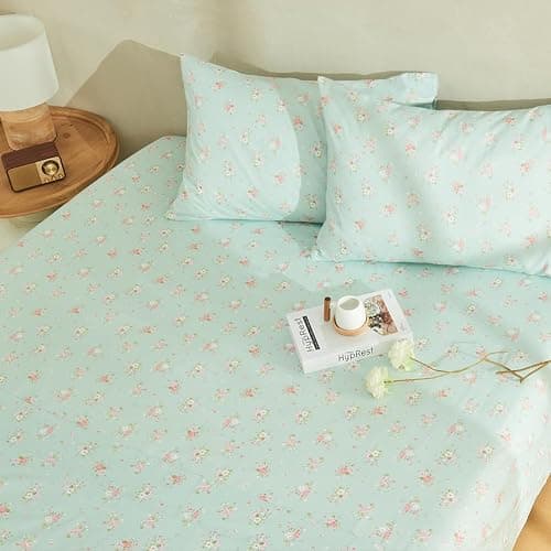 HYPREST Mint Floral Sheets Queen Size, Deep Pocket Sheets Soft Breathable Farmhouse 4pcs Bed Sheet Sets thumbnail 4