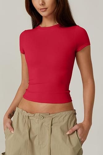 QINSEN Women's Crew Neck Short Sleeve Double-Layer Tops Basic Slim Fit Going Out T Shirt thumbnail 4