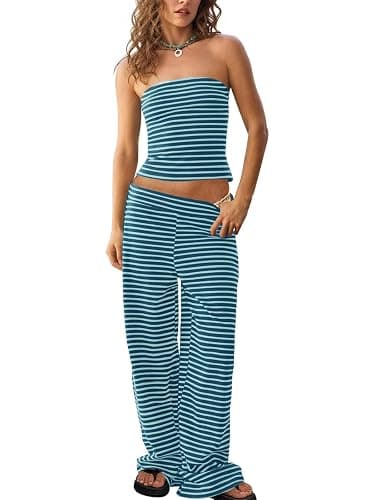 Tankaneo Womens Striped 2 Piece Sets Summer Strapless Crop Tube Tops Wide Leg Pants Matching Lounge Set Vacation Outfits - Image 1