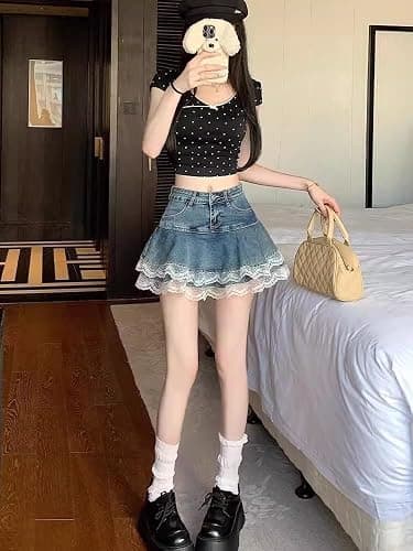 Y2K High Waist Denim Lace Mini Skirt for Women – Harajuku A-Line Ruffle Skater Skirt Kawaii Fairycore Style thumbnail 6