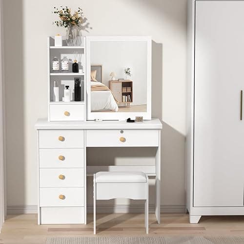 tekrabea Dressing Table with 6 Drawers, Vanity Desk with Mirror, Storage Shelves and Stool, Makeup Desk for Bedroom, Modern Makeup Table with Mirror and Chair, White thumbnail 5