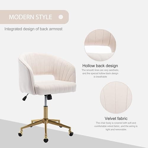 Nrizc Velvet Office Desk Chair, Upholstered Home Office Desk Chairs with Adjustable Swivel Wheels, Ergonomic Office Chair for Living Room, Bedroom, Office, Vanity Study (Beige) thumbnail 4