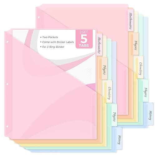 SKYDUE Binder Dividers with Two Pockets,2 Set,5 Tabs Dividers for 3 Ring Binder, Plastic Binder Dividers with Tabs for School, Office, and Home Organization - Pink - 2set