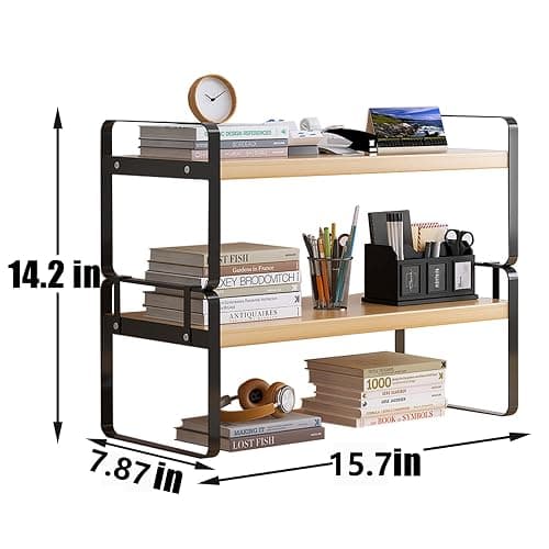 YGYQZ Wood Office Desk Shelf Organizer - Desktop Supplies Cute Dresser Top Organization Storage Rack and Cubicle Decor Aesthetic Bookshelf for Women Man and Kids (Black-Two Tier) - Black-two Tier thumbnail 2