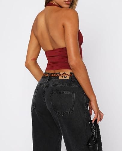 ForeFair Women Sexy Halter Deep V Neck Backless Crop Tank Top Open Back Sleeveless Slim Fit Y2k Summer Tops thumbnail 3