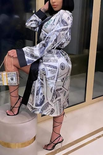 Andannby Women Money Print Silky Robes Long Sleeve Dollars Pattern Kimono Satin Robe Pjs Loungewear Sleepwear thumbnail 5