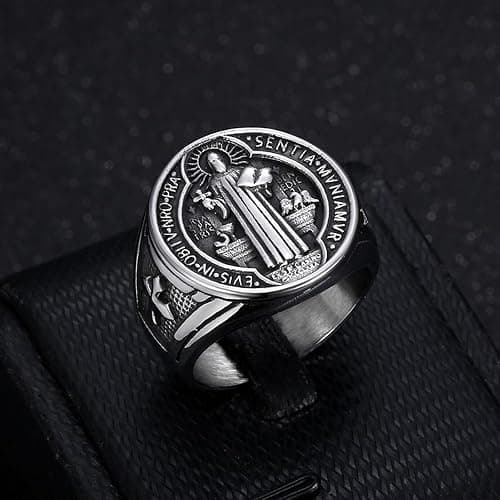 Carved St Benedict Signet Ring for Men,14K Gold Plated Stainless Steel Pinky Ring Christian Catholic Ring Jesus San Benito Protection Ring Religious Chi Rho Crucifix Jewelry… thumbnail 2