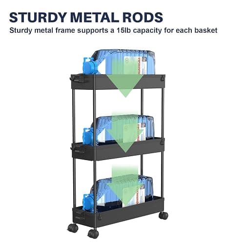 SPACELEAD 3 Tier Rolling Cart with Wheels, Storage Craft Art Trolley Organizer Serving, 3 Hanging Baskets Easy Assembly, for Office, Bathroom，Living Room, Kitchen, Black thumbnail 4