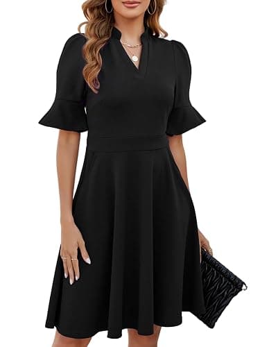 Mokayee Womens Summer V Neck Ruffle Short Sleeve Fit and Flare Knee Length Church Wedding Guest Dresses with Pockets thumbnail 4