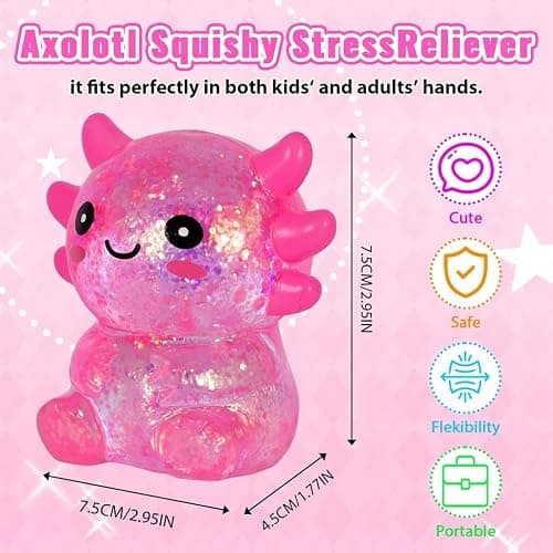 Djyxoglyn Axolotl Squishy Stress Relief Toy – Glitter Fidget Toy Cute Squeeze Toy for Kids & Adults, Sensory Anxiety Relief Squishy Toy, Party Favor Desk Fidget (Pink Sitting Style) thumbnail 2