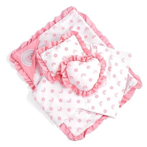 BABESIDE 4 Pcs Baby Doll Blankets Set for 17-22 Inch Baby Dolls | Pink Flower & Rainbow Patterns Reborn Baby Doll Accessories Dolls Blankets with Pillows fits Baby Doll Bed Accessories - Image 1