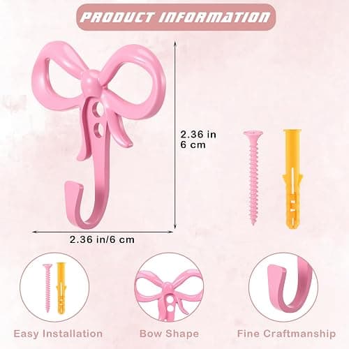 Otoolling 2 Pack Small Pink Bow Wall Hooks Valentine's Day Bow Knot Hooks for Wall 2.36'' Cute Decorative Coat Holder Metal Bowknot Door Hanger for Hats Bags Tie Bath Towels Coats thumbnail 2
