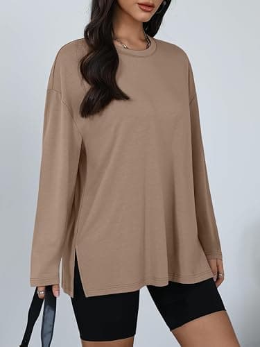 Trendy Queen Oversized Side Slit Tshirts for Women Long Sleeve Workout Tops Fall Fashion Gym Casual Tees Basic Y2K Clothes thumbnail 3