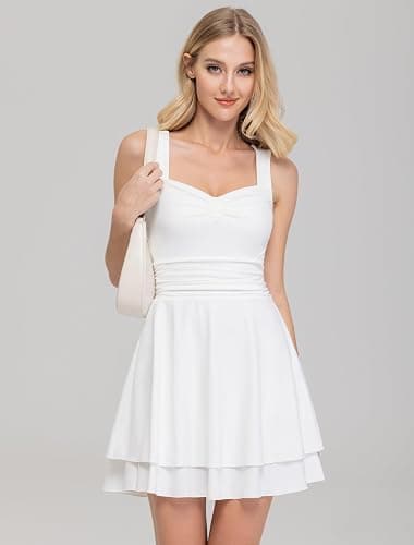 IWD Women's Square Neck Sleeveless Mini Dress Ruched Waist Tiered Ruffle Hem A Line Short Dresses thumbnail 2