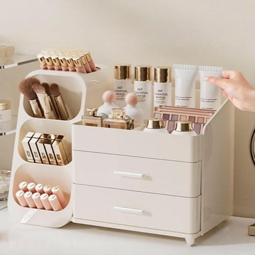 KQJS Makeup Organizer with Drawers,Large Capacity Countertop Organizer for Vanity,Bathroom and Bedroom Desk Cosmetics Organizer,Easy To Storage Skincare,Brushes,Lotions,Lipstick (All Cream) thumbnail 4