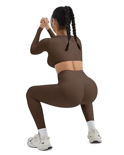 SUUKSESS Women 2 Piece Workout Sets Compression Tummy Control Leggings with Pockets Long Sleeve Square Neck Padded Crop Tops thumbnail 3