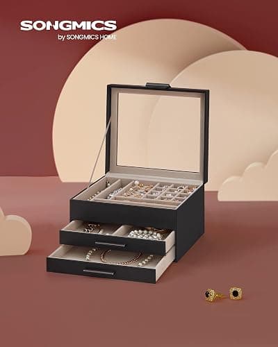 SONGMICS GISELLA Collection - Jewelry Box Organizer, 3-Layer Jewelry Storage with 2 Drawers, Shiny Metal Hardware, Glass Lid, Modern, 8 x 9.1 x 5.3 Inches, Ink Black and Silver UJBC239BK thumbnail 3