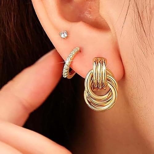 3Pairs Gold Hoop Earrings Set for Women Trendy Chunky Huggie Dainty Earring Jewelry for Women Teens thumbnail 3