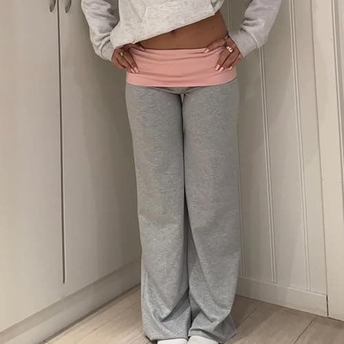 Women's Fold Over Lounge Pants Low Rise Wide Leg Yoga Sweatpants Stretchy Bell Bottoms Leggings Roll Over Pants thumbnail 3
