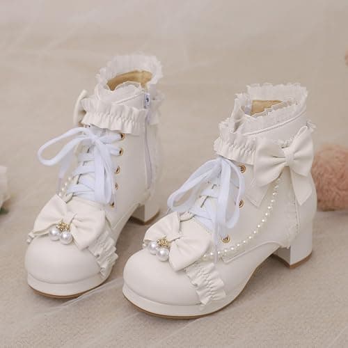 LUXMAX Women Chunky Heel Lace Up Booties Lolita Kawaii Shoes Block Heel Cute Ankle Boots Sweet Lace Boots with Bow thumbnail 5