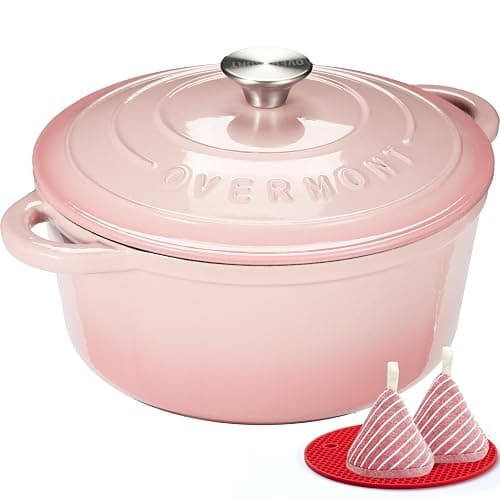 Overmont Bräter emaille Gusseisen Topf - Schmortopf 26cm backofengeeignet - mit Deckel und Kochbuch - für Küche Backen Schmoren Braten Rosa - Image 1