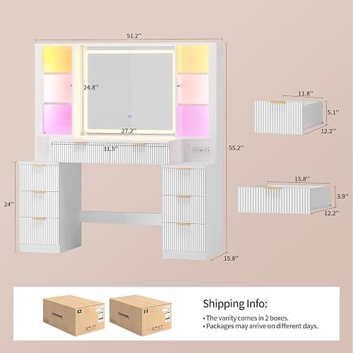 HAUOMS Big Vanity, Fluted Wood Makeup Vanity Desk with Mirror and Sound Sync LED Lights, Large Vanity Dressing Table, 8 Drawers, Charging Station for Girls, Women (White, 51.2" Width) thumbnail 2