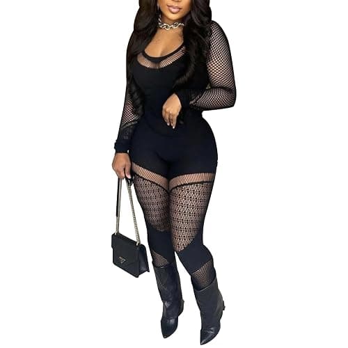 WEICHUJIAN Women Sexy See Through Womens Jumpsuit Outfits Mesh Hollow Out Crop Top Bodycon Long Sleeve Rompers - Image 1