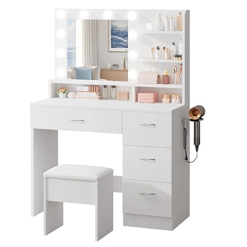 LIVELYGLOW White Makeup Vanity Desk with Charging Station & 4 Drawers | 10 LED Bulbs, HD Mirror, Cushioned Stool, Hairdryer Rack thumbnail 3