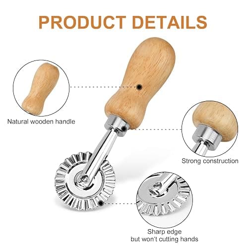 TACGEA Ravioli Stamp Maker Cutter with Roller Wheel (Set of 4), Wooden Handle and Fluted Edge, for Ravioli, Pasta, Dumplings Lasagna, Pierogi thumbnail 4