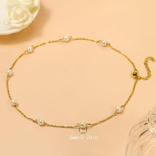 Pearl Necklaces for Women as Christmas Stocking Stuffers Gold Pearl Choker Single Pearl Necklace Layered Daisy Necklace Set as Christmas Gifts for Teen, Wedding Strands for Bride Bridesmaids thumbnail 7