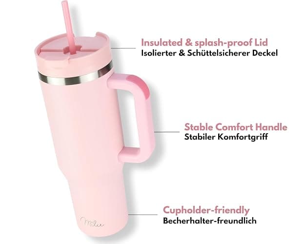 Milu Thermobecher 1,2L mit Strohhalm und Henkel – 48h Eis/24h kalt/12h heiß Edelstahl Tumbler 40oz mit Griff Isolierbecher to go Isolierflasche Trinkflasche doppelwandig isoliert (Blossom Pink, 1,2L) thumbnail 4