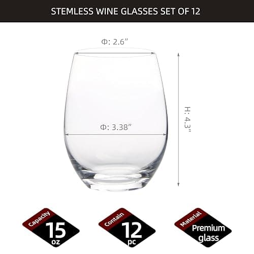 FAWLES Stemless Wine Glasses Set of 12, 15 Ounce Smooth Rim Standard Wine Glass Tumbler for Red, White Wine, Dishwasher Safe thumbnail 3