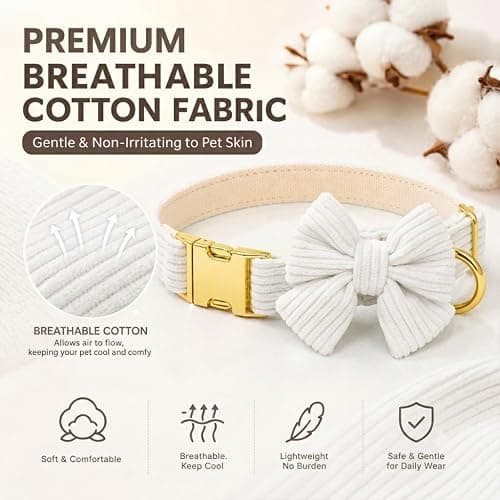 RoseYouth Dog Collar and Leash Set with Bowtie, Soft & Cute Puppy Collar, Cotton Puppy Collar with Adjustable Metal Buckle for Small, Medium Dog (White, Size S: Neck 10"-16") thumbnail 3