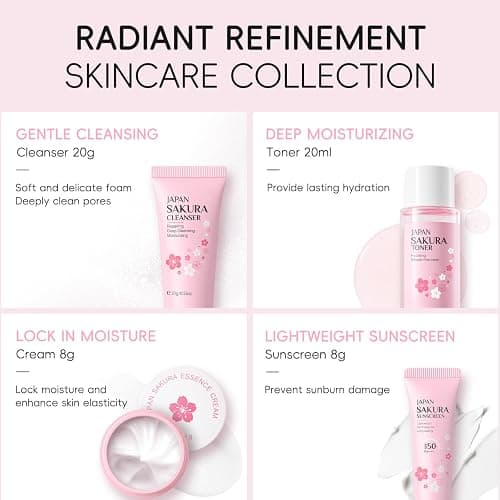 Skincare Kit Sakura Teen Girls Gifts - Skin Care Set Travel Size Toiletries - Sakura Skin Care for Teens 10-12 Hydrating - Teen Facial Kit Gift Set for Women with Bunny Headband（12PCS） - 12PCS thumbnail 2
