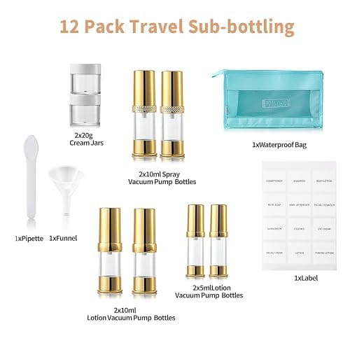 XQNCBY Golden Airless Pump Bottle Travel Set with Box Refillable Cosmetic Vacuum Pump Bottle Such as Hand Soap,Toner,Foundation,Hair Oil,Lotion and Cream (Golden, 5ml-10ml-20g) thumbnail 4