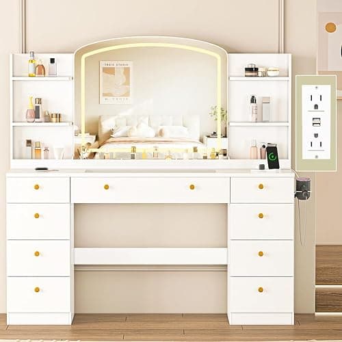 DalyLuxa 55" Vanity Desk with Mirror and Lights, Makeup Vanity with Power Outlet, White Vanity with 9 Drawers & 6 Storage Shelves for Bedroom - Image 1