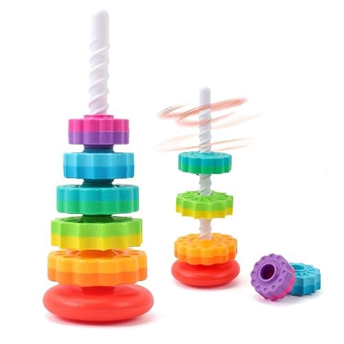 Riuja Baby Spinning Stacking Toys, 1-3 Rainbow Ring Stacker Montessori Toys for Babies, Sensory Toys for Toddlers, Christmas and Birthday Gifts Suitable for Boys and Girls (14 inches) - Image 1
