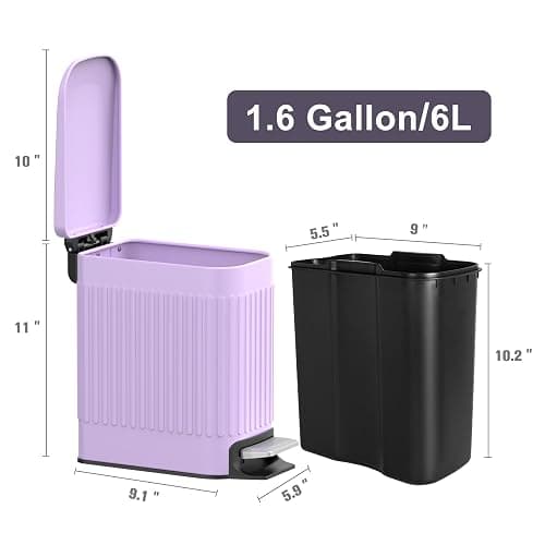 TrashAid Slim Bathroom Trash Can with Lid Soft Close, 6 Liter/1.6 Gallon Stainless Steel Small Garbage Can with Removable Inner Bucket, Step Pedal, Slim Wastebasket for Toilet, Office, Bedroom, Purple thumbnail 5