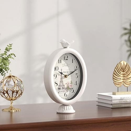 ChimeTide Vintage Table Clock with Bird, Desk and Shelf Decor Clock, French Paris Style, Antique White Metal Mantel Clocks for Living Room, Farmhouse, Bedroom, Bedside, Gift (10" H x 5.9" W) thumbnail 5