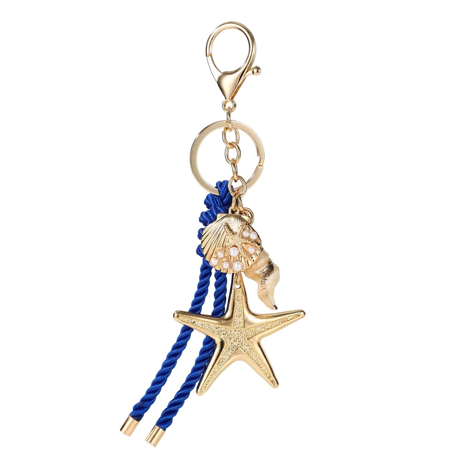 Starfish and Shell Keychain, 6.3x2.36in Alloy Sea Bag Charm with Blue Braided Rope Starfish Shell and Conch Keychain for Summer Wallet Backpack Ornament - Image 1