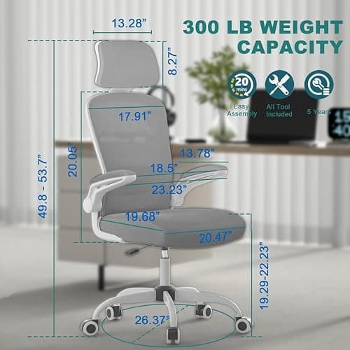 Mimoglad Office Chair, High Back Ergonomic Desk Chair with Adjustable Lumbar Support and Headrest, with flip-up Armrests for Guitar Playing, 5 Years Warranty (Moon Grey) thumbnail 2