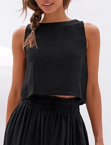 IDEALSANXUN Womens Linen Crop Tank Tops Cute Summer Sleeveless Cropped Linen Tops thumbnail 3